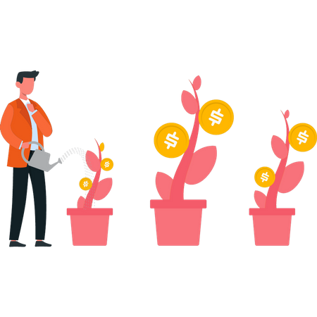 Man watering money plants  Illustration