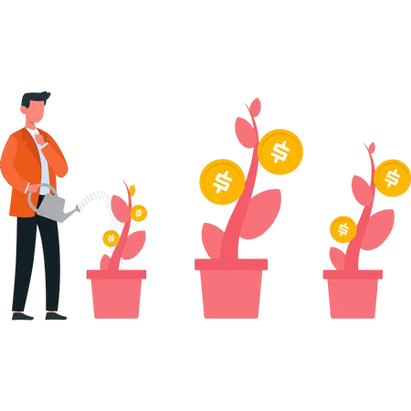 Man watering money plants  Illustration