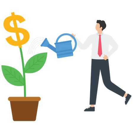 Man watering money sprouts  Illustration