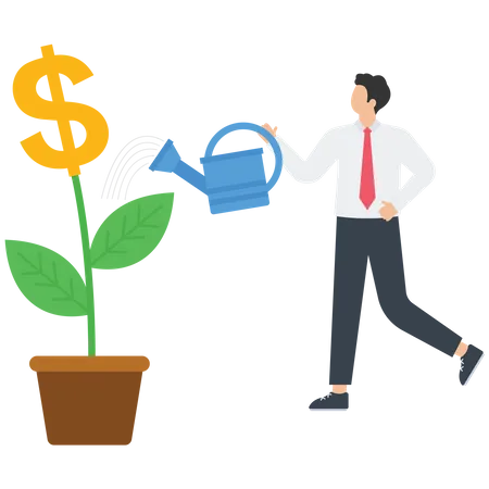 Man watering money sprouts  Illustration