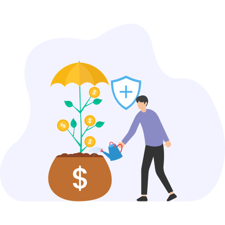 Man watering money tree financial growth investment protection wealth management  Illustration