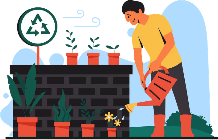 Transform Your Message With An Illustration Of A Man Watering Seed Plant For An Impactful Clean Environment Campaign Ideal For Banners Websites Or Promotional Materials This Artwork Visually Conveys The Importance Of Environmental Awareness In A Modern Dynamic Style That Encourages Eco Friendly Practices Illustration