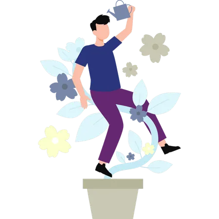 The Boy Is Watering The Plant Illustration