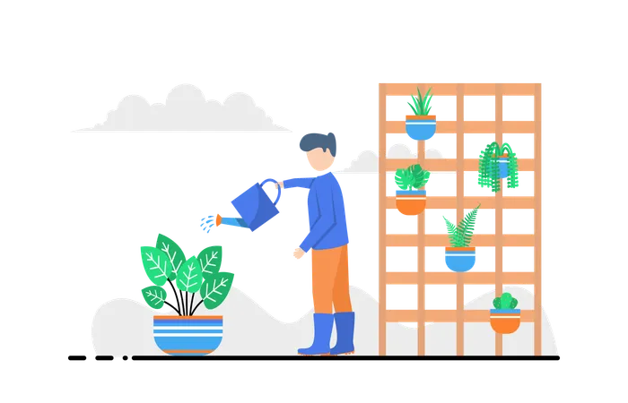 Man Watering Plant Illustration