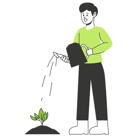 Man Watering Plant in garden  Illustration
