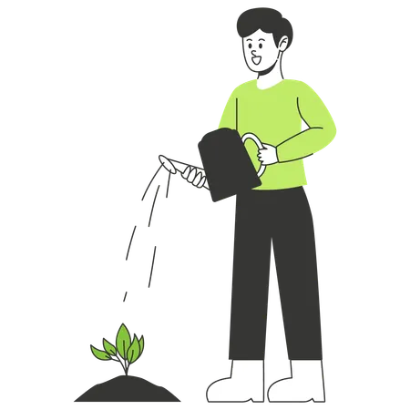 Man Watering Plant in garden  Illustration