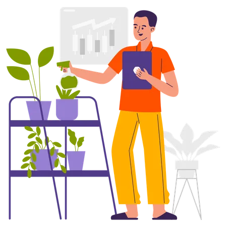 Man watering plant while having Financial Freedom  Illustration