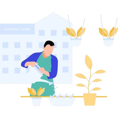 The Man Is Watering The Plants Illustration