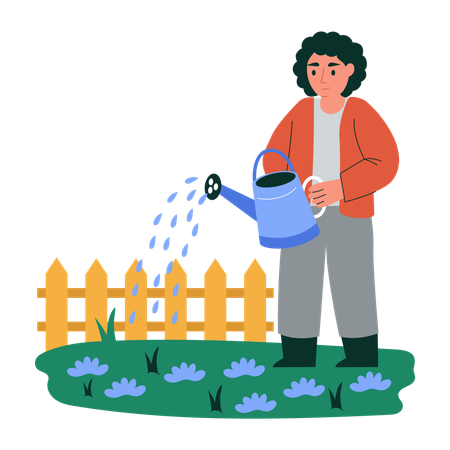 Man watering plants in garden  Illustration