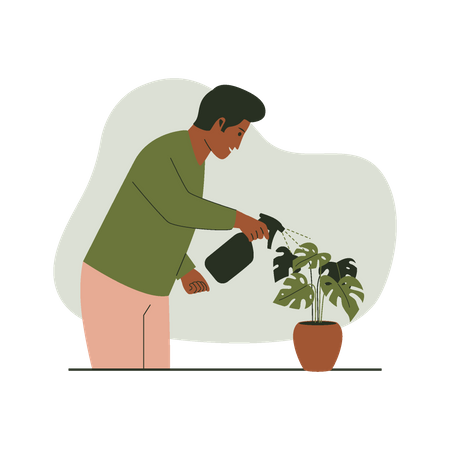 Man watering plants in pots  Illustration