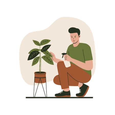 Man watering plants in pots  Illustration