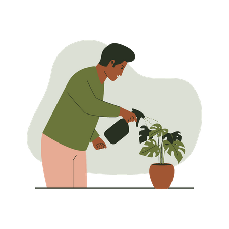 Man watering plants in pots  Illustration