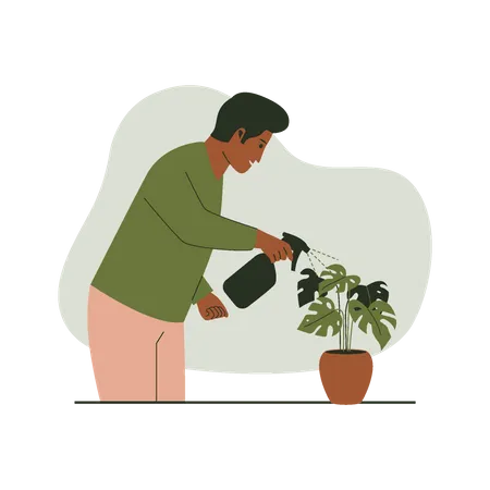 Man watering plants in pots  Illustration