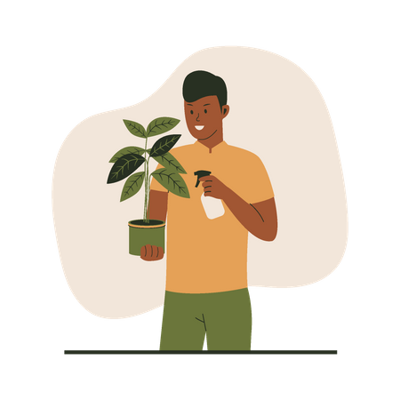 Man watering plants in pots  Illustration