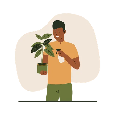 Man watering plants in pots  Illustration