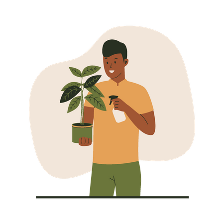Man watering plants in pots  Illustration