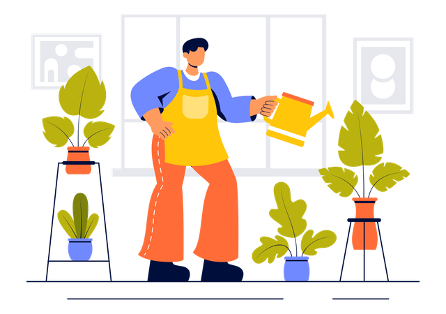 Man watering plants with water can  Illustration