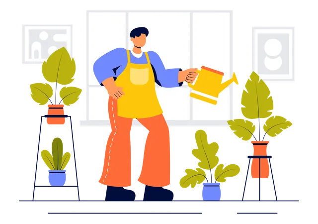 Man watering plants with water can  Illustration