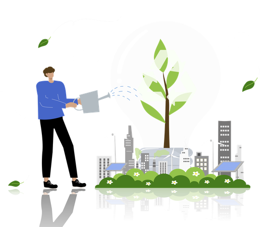 Man watering Sustainable urban gardening with focus on nurturing trees in city  Illustration