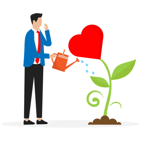 Man watering the plant with heart flower  Illustration