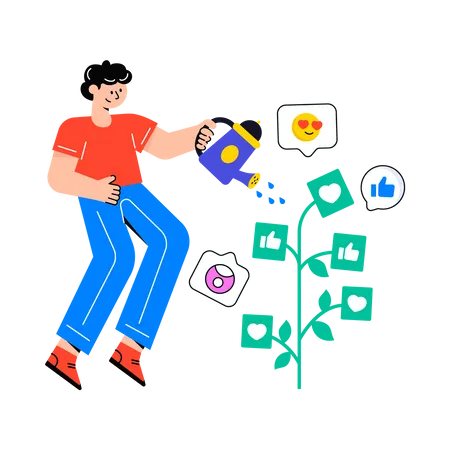 Man watering to Grow Their Social Media  Illustration