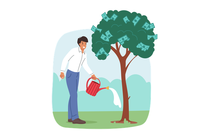 Man waters money tree  Illustration