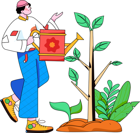 男性は毎日植物に水をやる  イラスト