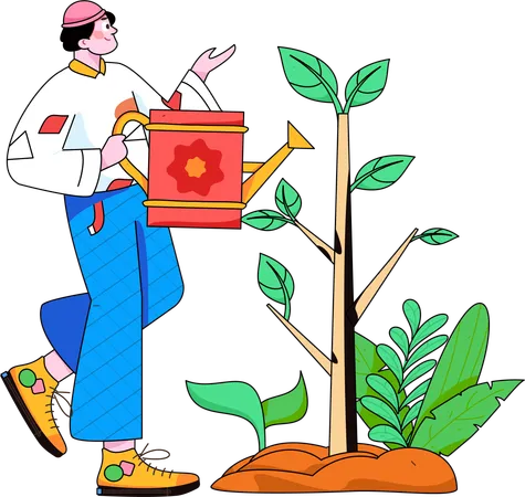 男性は毎日植物に水をやる  イラスト