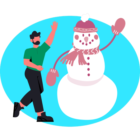 Man waving hand while making snowman  Illustration