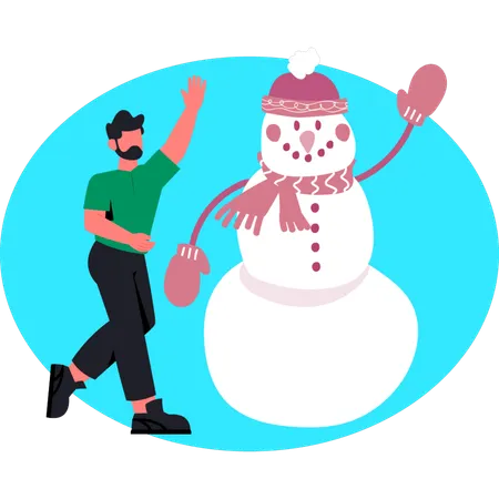 Man waving hand while making snowman  Illustration