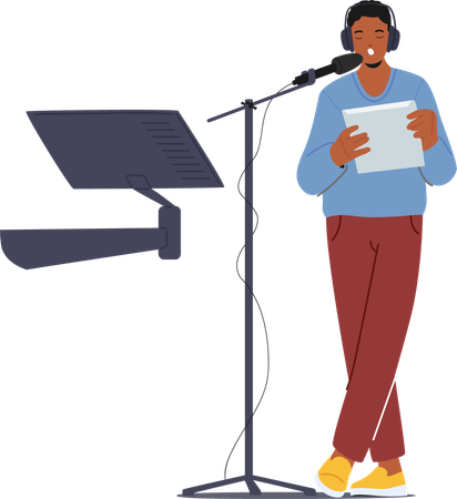 Man Wear Headphones  Standing In Front Of  Microphone Reading From Script  Illustration