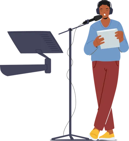 Man Wear Headphones  Standing In Front Of  Microphone Reading From Script  Illustration