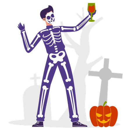 Man Wear Skeleton Costume And Holding Drink  Illustration