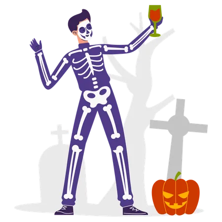 Man Wear Skeleton Costume And Holding Drink  Illustration