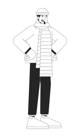 Winter Outerwear Caucasian Man Happy Black And White 2 D Line Cartoon Character Warm Scarf European Male Hands On Hips Isolated Vector Outline Person Good Time Monochromatic Flat Spot Illustration Illustration