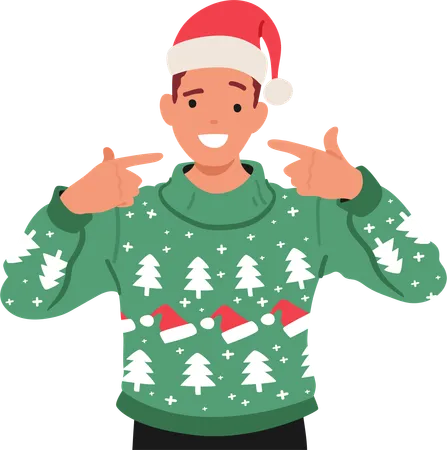Man Wearing A Cozy Christmas Ugly Sweater And A Santa Hat Cheerful Male Character Pointing On Himself Exudes Festive Spirit With A Warm Smile And Twinkling Eyes Cartoon People Vector Illustration Illustration