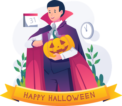 Man wearing a Halloween costume holding pumpkin  Illustration