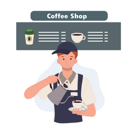 Man wearing apron pouring coffee into the mug Illustration