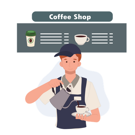 Man wearing apron pouring coffee into the mug  Illustration