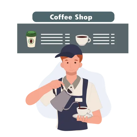 Man wearing apron pouring coffee into the mug  Illustration