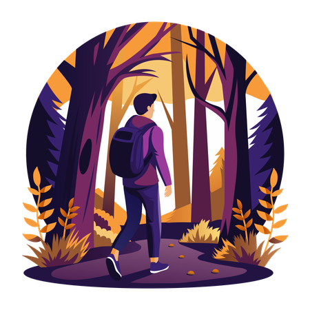 Man wearing backpack and going for forest adventure  Illustration