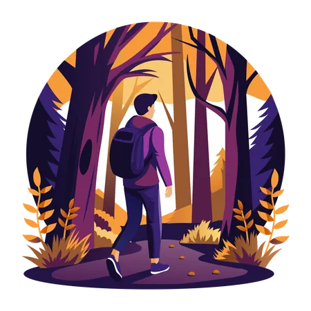 Man wearing backpack and going for forest adventure  Illustration