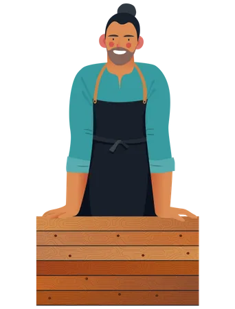 Ramen Small Business Owners Graphics Owner Modern Flat Vector Concept Illustrations Young Man Wearing Black Apron Leaning At The Wooden Counter Shop Logo Ramen In Japanese Hieroglyph Illustration