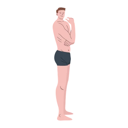 Man Wearing Boxer Shorts Posing Sideways Vector Illustration In Flat Color Design Illustration