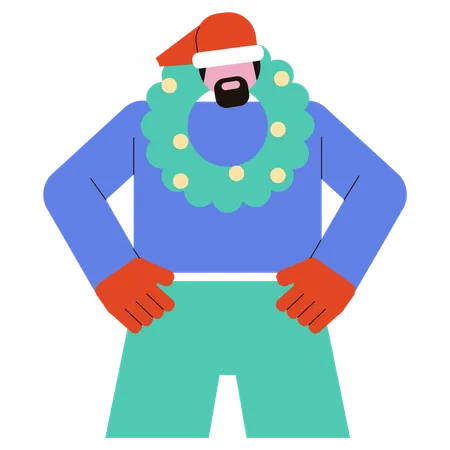 Man wearing Christmas Wreath around neck  Illustration