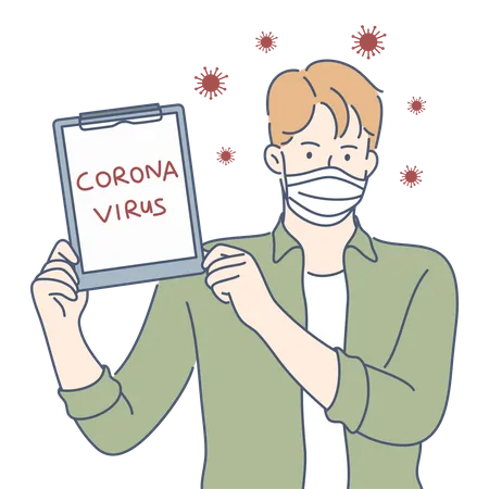 Man wearing face mask and holding coronavirus board  Illustration