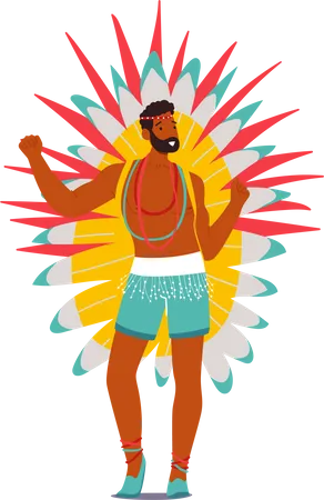 Man Wearing Festival Costume with Feathers Dancing at Carnival in Rio De Janeiro  Illustration