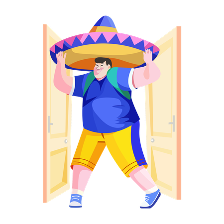 Man wearing giant sombrero hat  Illustration