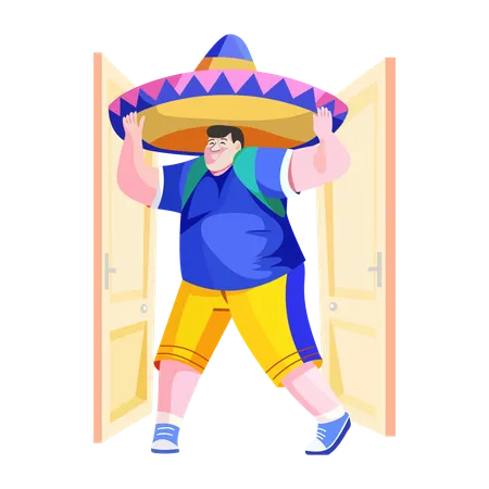 Man wearing giant sombrero hat  Illustration