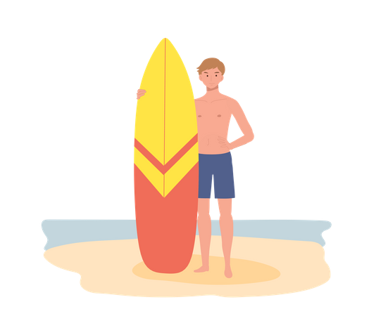 Man wearing in swim suit while holding surfboard on the beach  Illustration